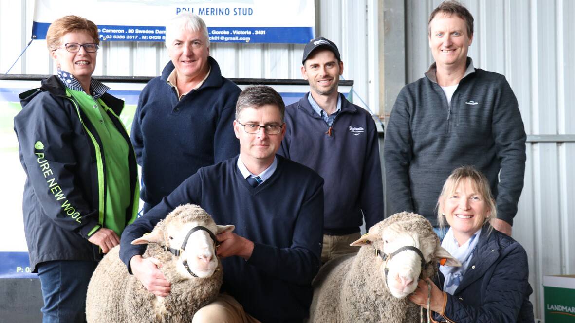 STUD SALE: Fiona Cameron, Adrian Drum, Roly Coutts, Jacob Davies, Tony Wheat and Linda Taylor at Koonik's recent ram sale.