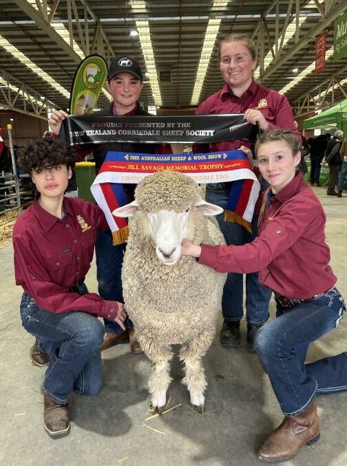Flinders Christian Community College students Bridgette Hunt, Max Penny, Nerissa James and Tiffany Maestrale with their champion Corriedale ewe. Picture by Joely Mitchell
