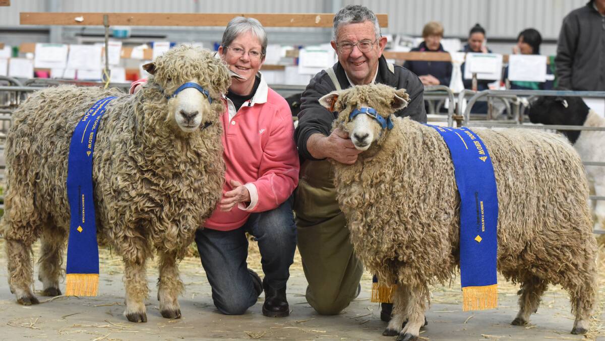 Rae and Ian Christie, Garvald Lincoln stud, Byaduk, with their champion Lincoln ram and ewe. Photo by Ruby Canning.