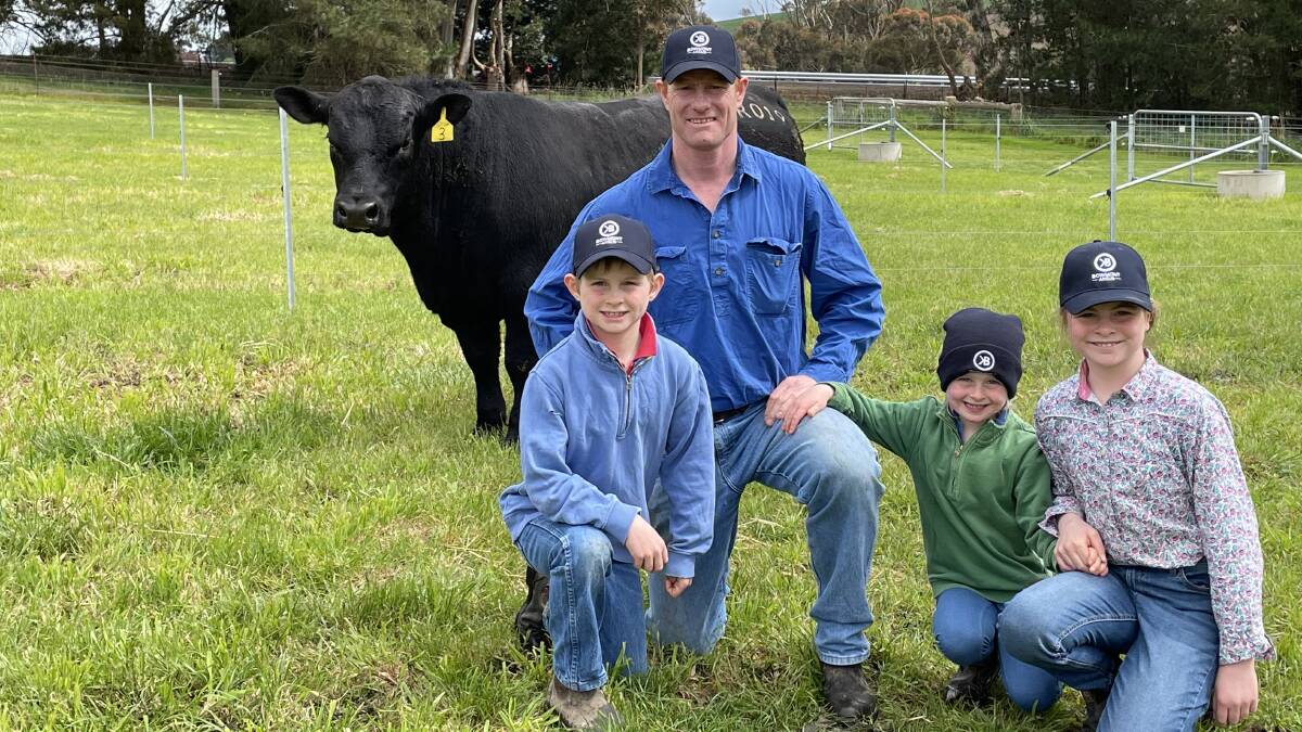 Tom, Sam, Sophie and Olivia King with the top-priced bull from their bull sale, Bull Bowmont Intensity R019, which sold to Nareen Station, Nareen.