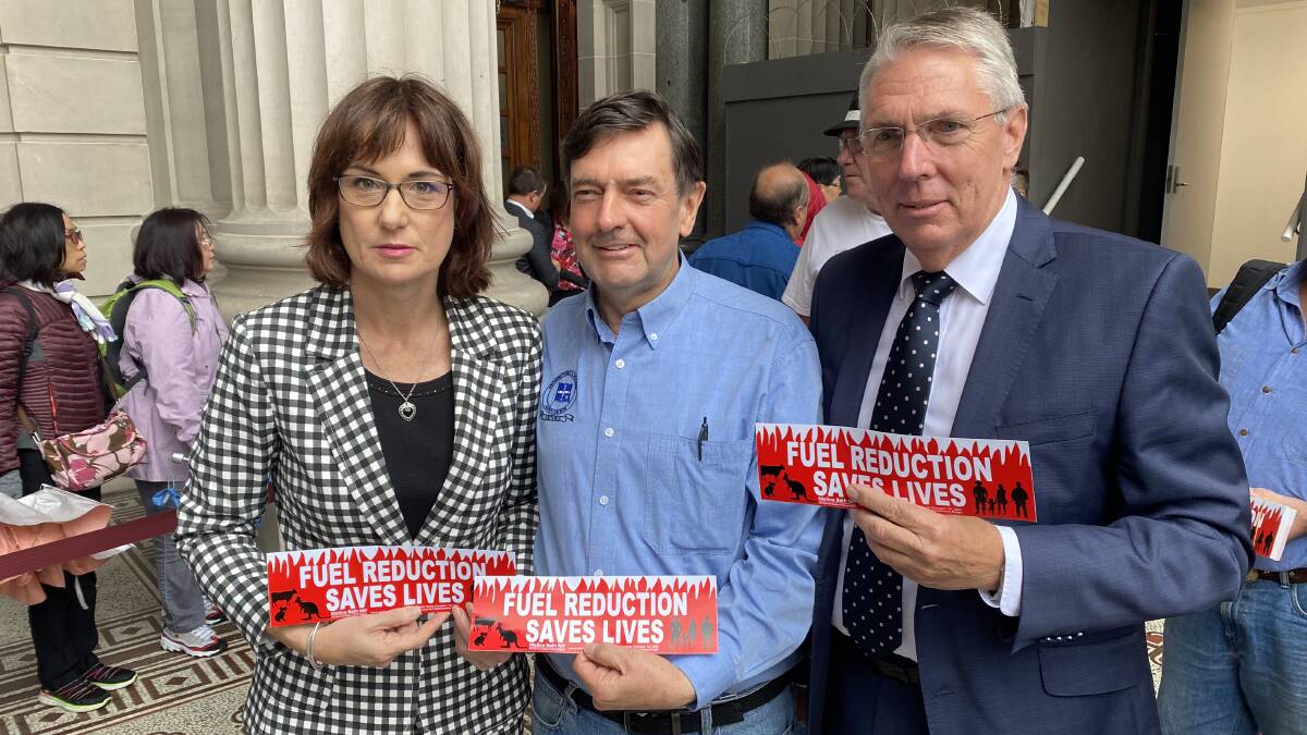 Eastern Victorian MP Melina Bath, BUGU member David Bentley, and Nationals leader and Shadow Agriculture Minister Peter Walsh, at the launch of the 'Fuel Reduction Saves Lives' campaign.