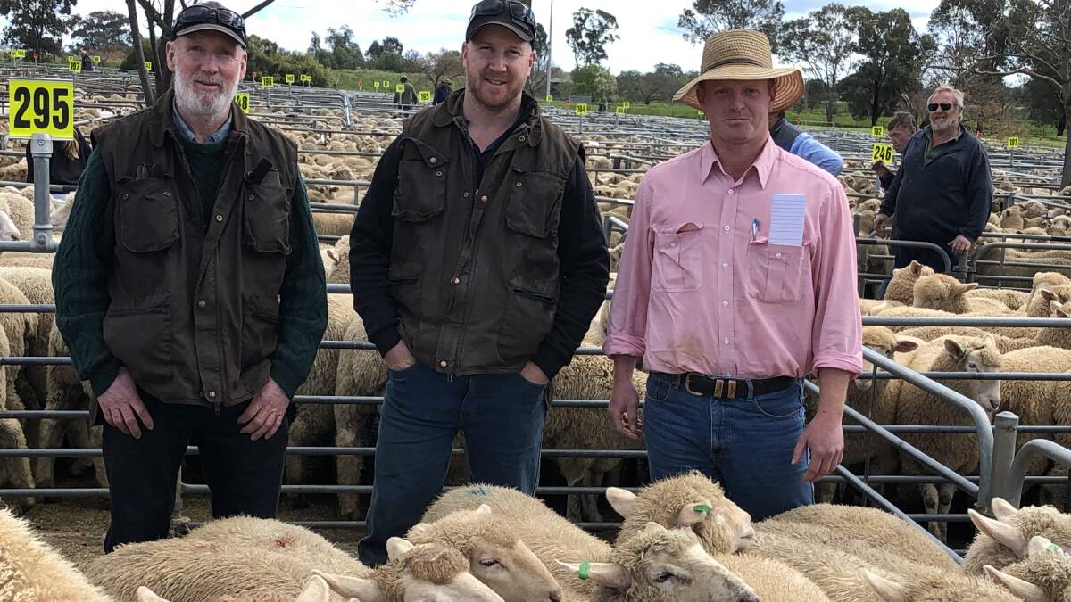 SUCKER LAMBS: John and Lee Drysdale, Yarck, with Joe Allen, Elders. The Drysdales sold sucker lambs to a top of $203 a head at Corowa, NSW.