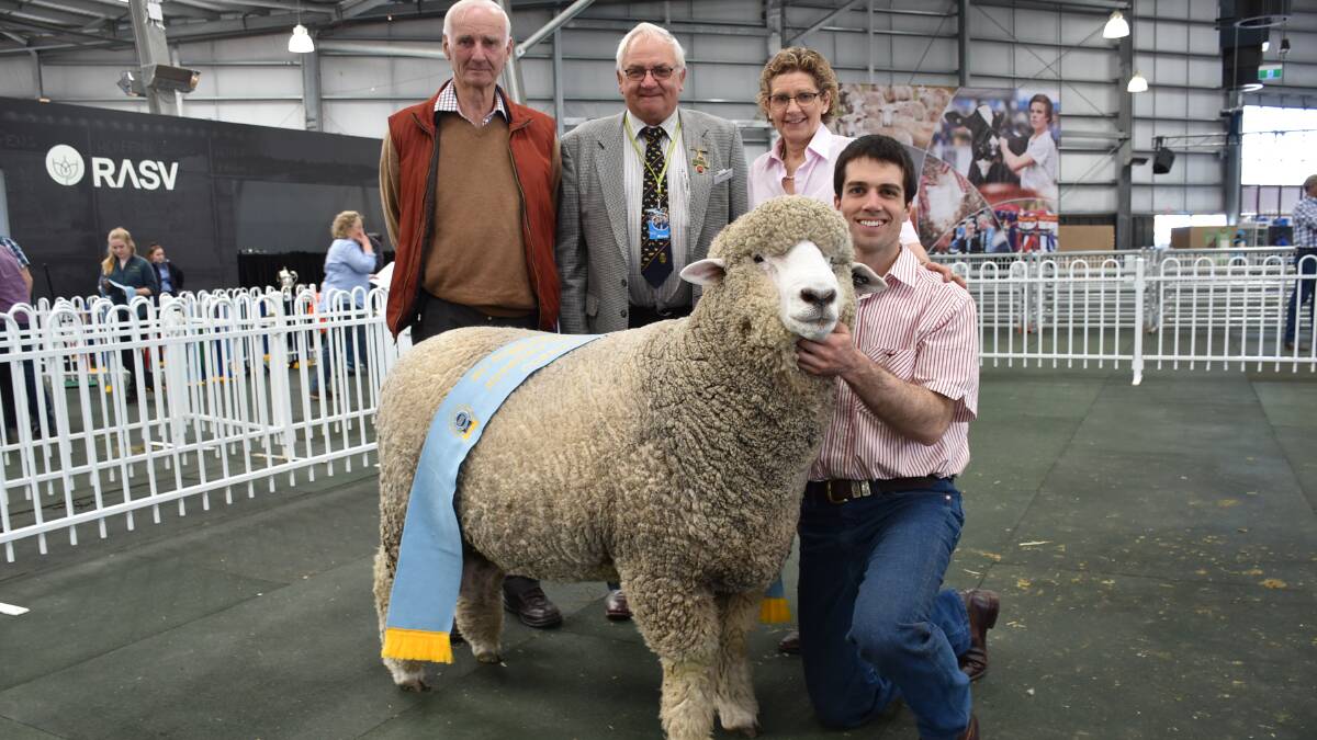 Lifetime member of the Corriedale association John Gubbins, judge Ian Staritt, with Bron and Leigh Ellis, Sweetfield Corriedale stud, Mount Moriac, and the supreme champion Corriedale exhibit.