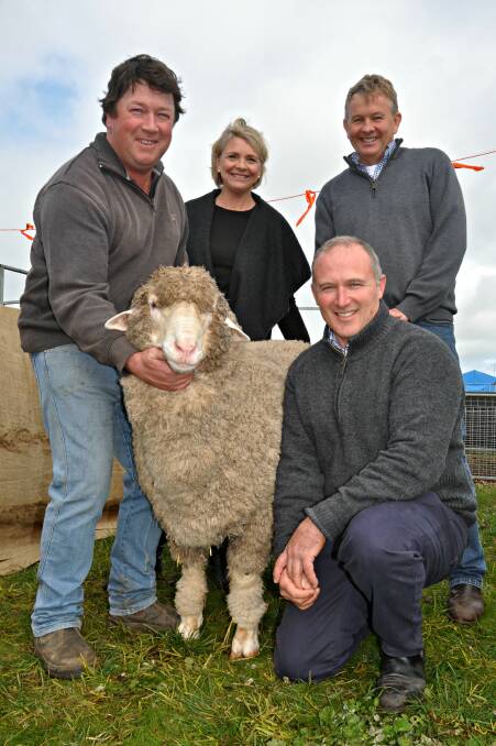 BOORANA RAM SALE: This year’s line-up of Boorana sale rams will include sons of Moorundie NE 73, which Will Lynch (left) and Peter Wallis (right), Glenlea Park stud, purchased in partnership for a sale top of $30,000 from Bernadette and Geoff Davidson, Moorundie stud, Keith, SA, at Hamilton Sheepvention in 2016.