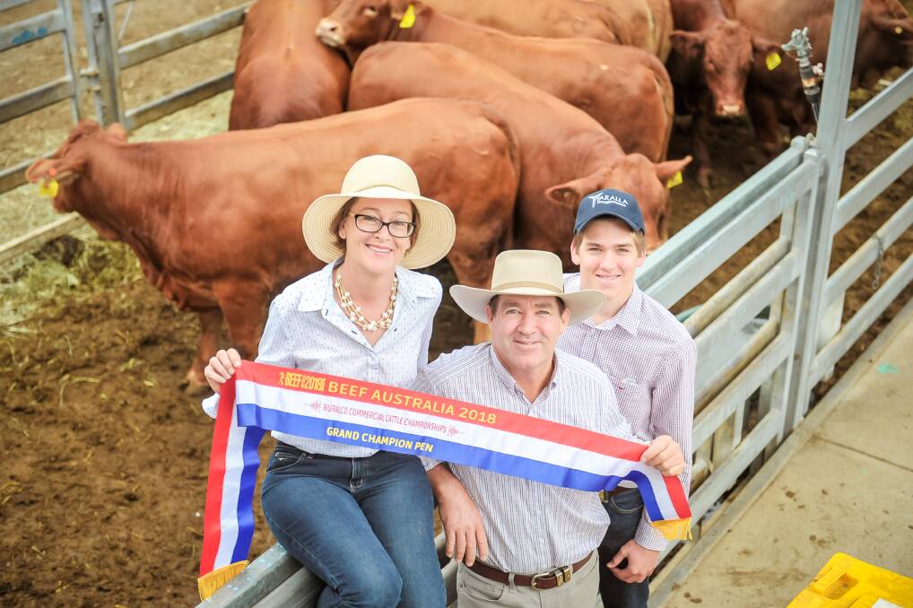 BROADRIBBON WINNERS: Kerry, Ken and Tom McKenzie, took out grand champion at Beef Australia with a pen of Droughtmaster/Simmental-cross heifers.
