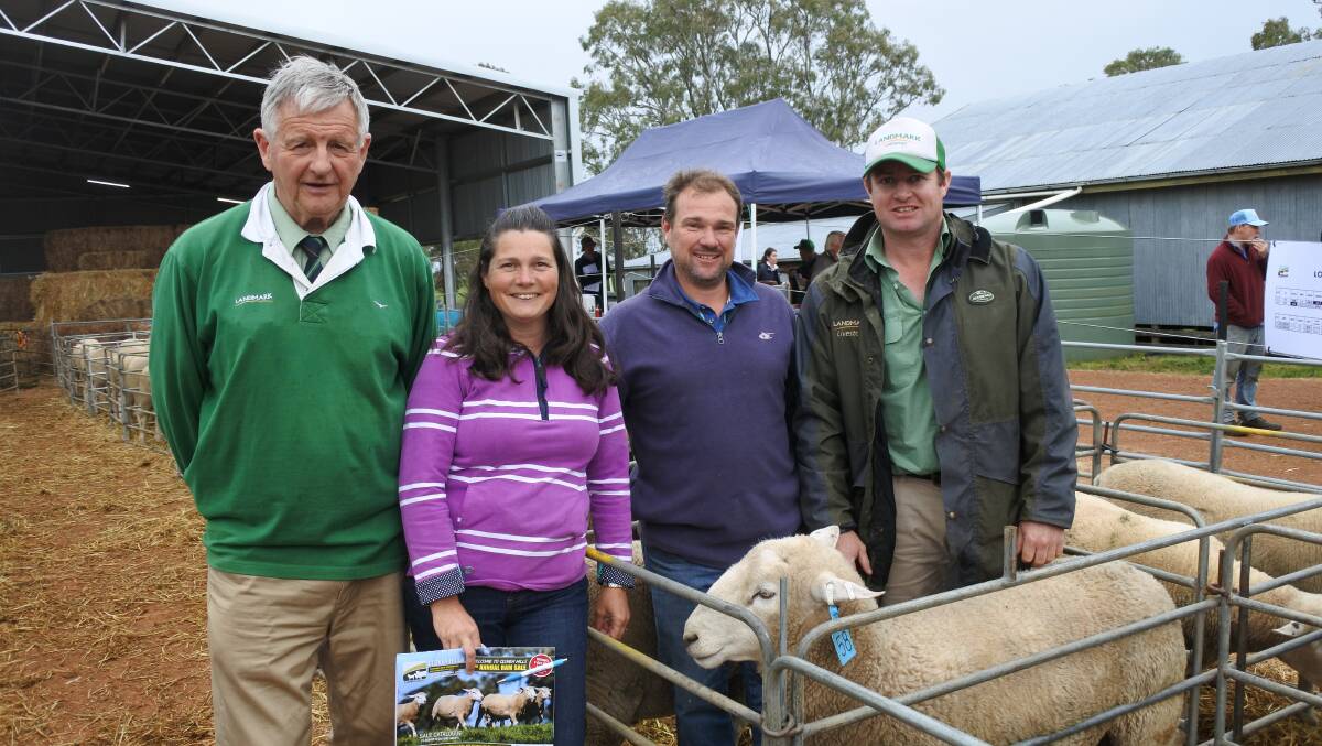 TOP PRICE: Landmark's Andrew Sloan, Bobbie and Angus McLean, Kurramyra, Culla, and Rick Smith, Landmark Casterton, at the Cloven Hills composite ram sale at Nareen on Monday. The McLean family paid an equal top price of $3000.