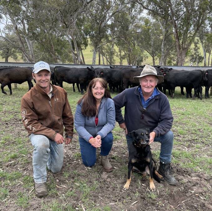 Hamish, Karyn and Chris Jarrad, with dog Roxy, Forest View, Sandford, will offer about 170 Angus steers and heifers in next month's weaner sales at Casterton.
