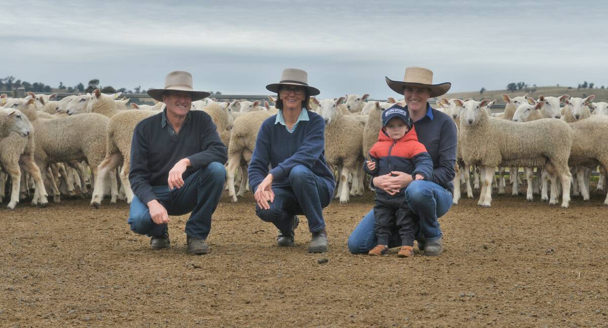 FAMILY: Reg and Robyn Sweeney, with their daughter Rowena Munro and grandson Jack, Bindaree and Nundoone Border Leicester studs, Merrygoen, NSW, are looking forward to returning to Bendigo. Photos by Kate Loudon.