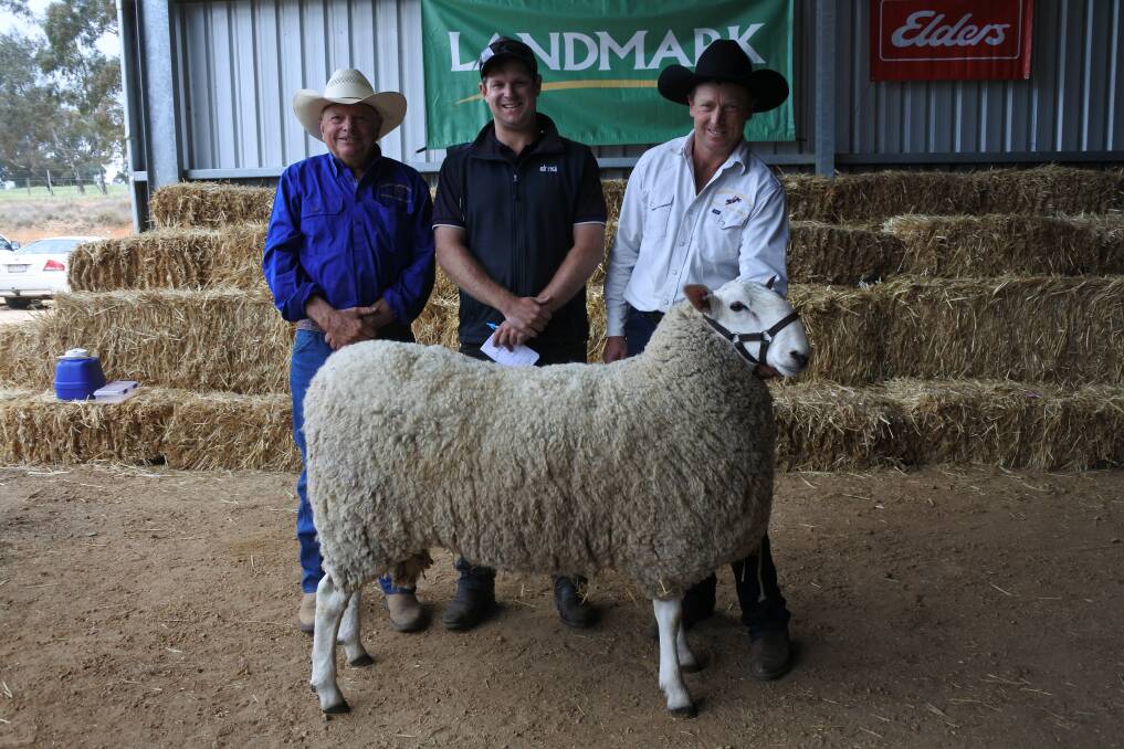 TOP CHOICE: David and Ross Jackson, Jackson Farming, Moyston, with Nev Routley from Driscoll, McIllree & Dickinson (centre), Stawell, and the top priced ram.