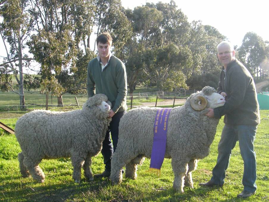 TOP HONOURS: Chris and Phil Hartwich, Mt Challicum stud, Ballyrogan, with their reserve Victorian pair awarded at this year's Australian Sheep and Wool Show in Bendigo.