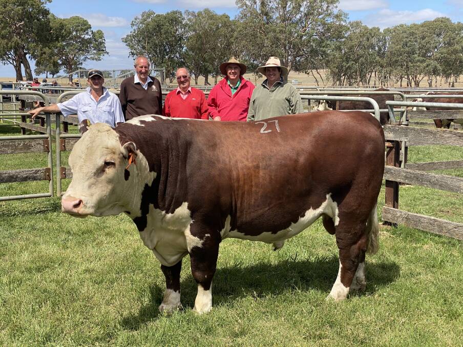 TOP BULL: Melville Park employee Nathan Roberts, stud principal David Lyons, agent Ian Button and buyers Gordon McClure and Owen McClure with the top-priced bull.