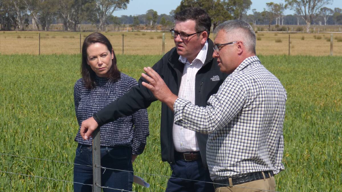 IN TOWN: Agriculture Minister Jaclyn Symes, Premier Daniel Andrews and Bairnsdale producer Trevor Caithness look out to a paddock during Thursday's announcement.