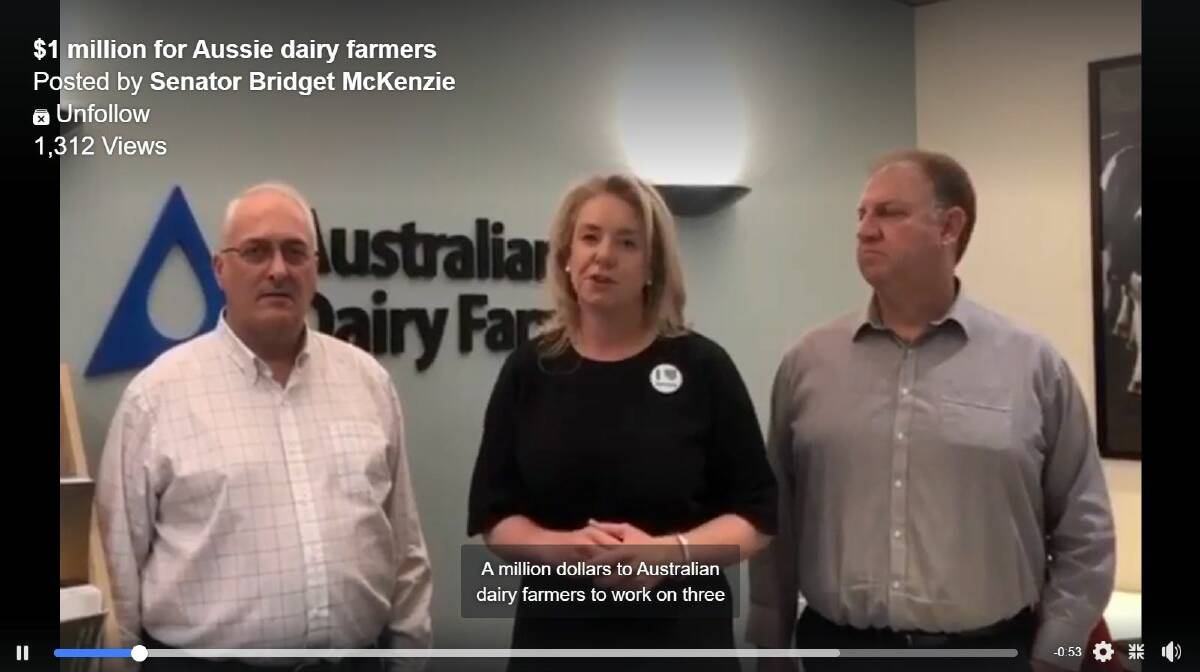 DAIRY DOLLARS: Australian Dairy Farmers (ADF) president Terry Richardson, agriculture minister Bridget McKenzie and ADF chief executive David Inall in a video promoting the delivery of a million-dollar set of grants.