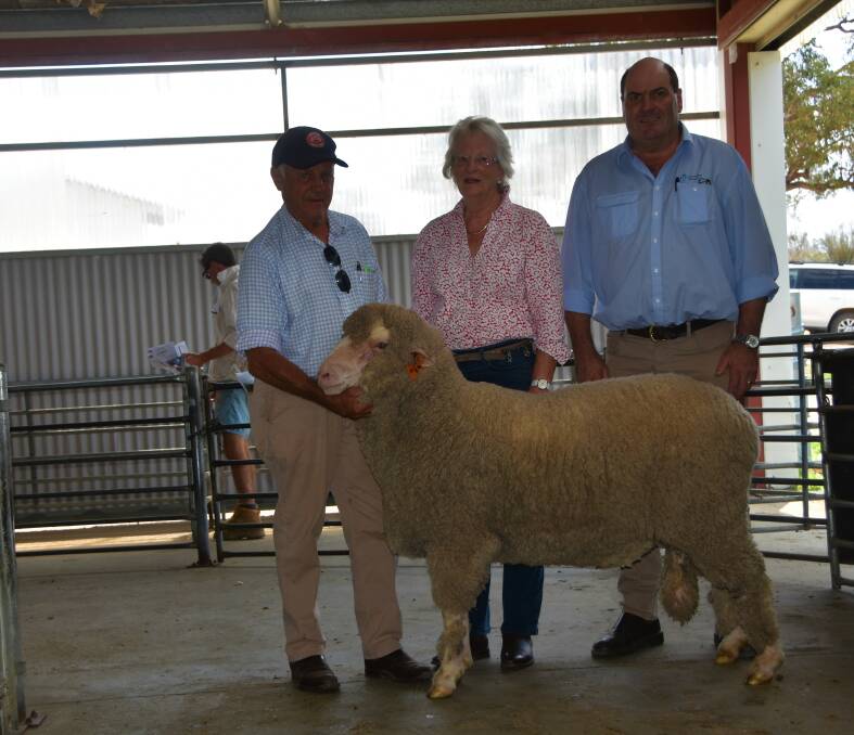 One of three bulk buyers of the sale was Lochiel Pastoral, taking home ten rams, Vendor John Mclaren, Nerstane with Valerie Le Maitre, Lochiel, Ross, Tasmania and agent Brett Cox, AWN Launceston TAS with the first purchase of the sale Lot three. 