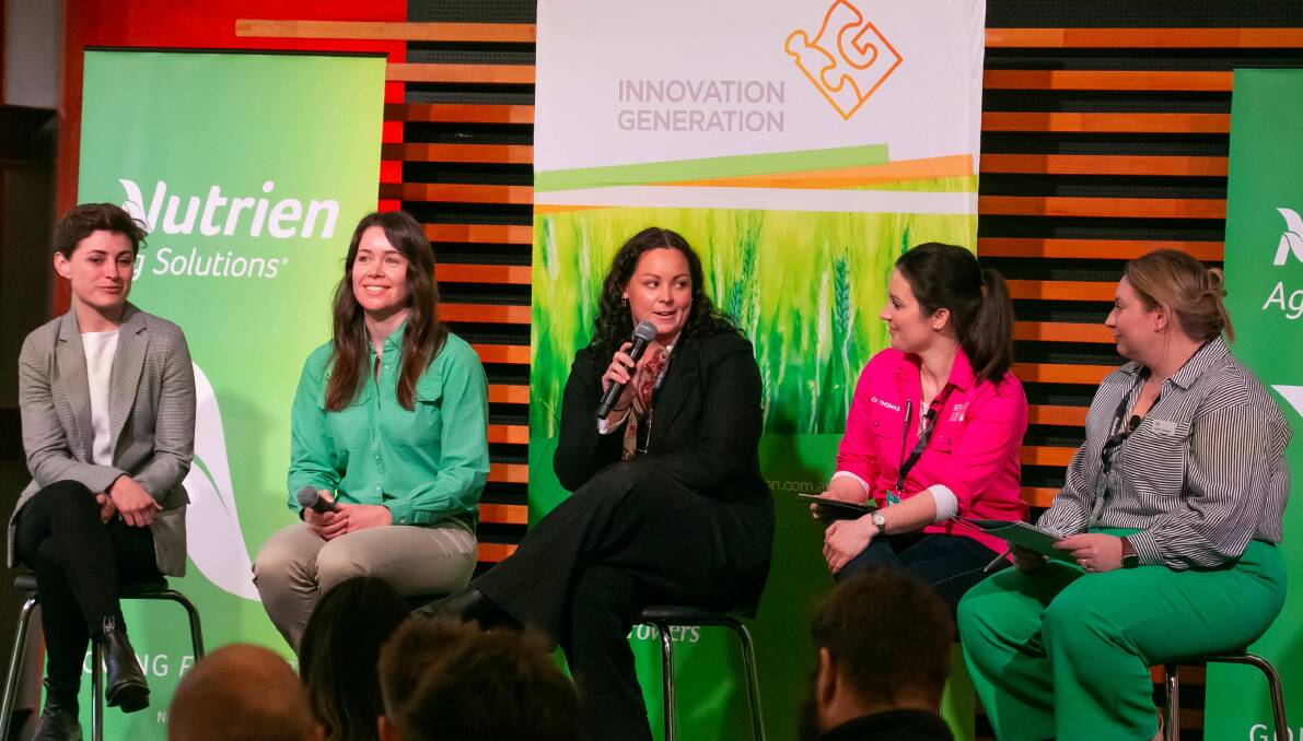 Innovation Generation's Women in Ag panel. Sharing their thoughts were agronomist and digital ag consultant Sally Poole, agronomist Kristie Freeman, Croker Grain marketing and sustainability manager Elly Stevens, Plant a Seed for Safety founder Alex Thomas and GrainGrowers' Kaitlin Leonard. Picture by Brendan Read.