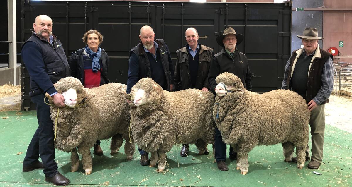 The Coryule team including stud manager Craig Trickey, owners Russell and Tricia Sloan, Gary McLean, John McGrath and Coryule sheep classer, Bill Mildren with year’s sale team at the Australian Sheep and Wool Show, Bendigo.