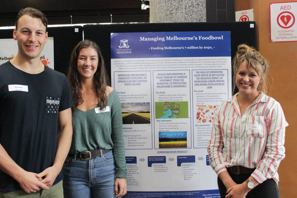 ACHIEVERS: Alexander Burnside, Georgia O’Shea and Kiana Barrie-Gresham present their proposed responses to the impact of Melbourne’s growth on productive arable land as part of their Bachelor of Agriculture assessment.