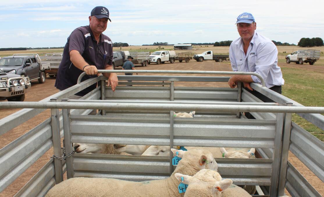 PLEASED: Jamie Gray, TDC Penola, SA, and Chrome stud principal Matt Tonissen with Chromedale rams purchased for Hassell Trading & Haven Park, SA.