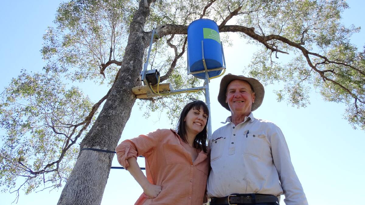 PROUD: Dr Valentina Mella and Gunnedah farmer Robert Frend with the TREE TROFF arboreal water drinker Photo: Supplied
