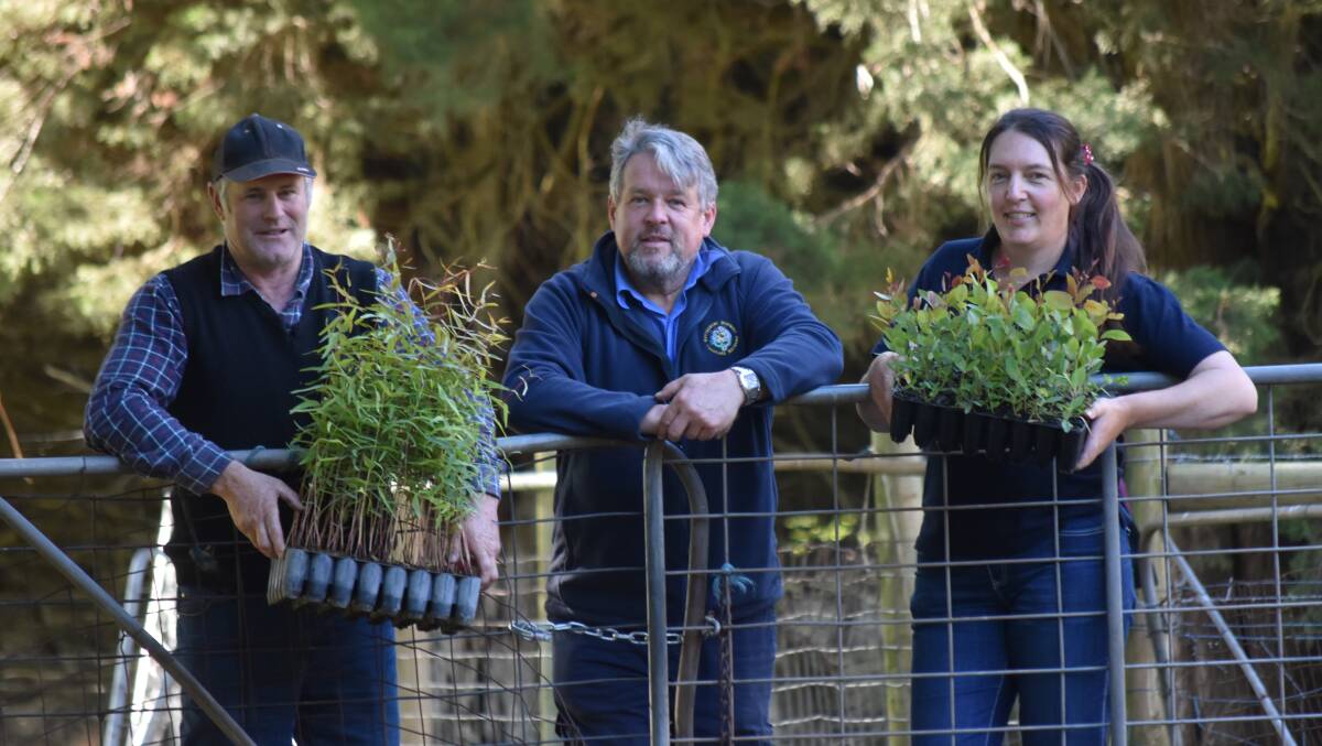BUSY: Climate Resilient Farms project team members Tony Evans, Camperdown Compost, Geoff Rollinson, Heytesbury District Landcare Network, and Karen OKeefe, Corangamite CMA.