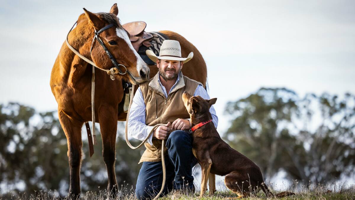 PARTNERSHIP: David Lee with his Kelpie, Hoover, that recently sold for a record price at auction, and his horse Fancee Cat. Photo: Nicole Cleary. 