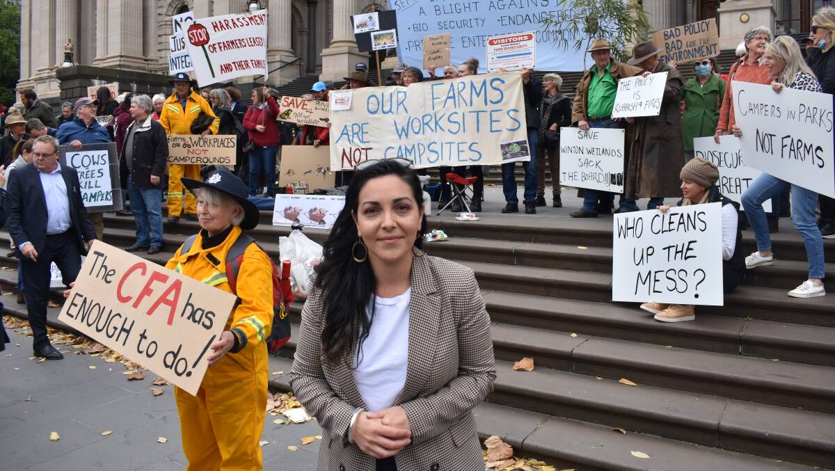 CALLING FOR CLARITY: VFF president Emma Germano at the rally held at Parliament House recently. Ms Germano said low-risk pilot sites should be trialed first.
