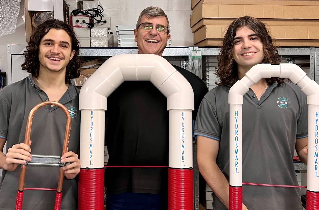 Hydrosmart CEO Paul Pearce and his two sons Zac (left) and Jai who have also joined the South Australian business solving serious water quality problems for farmers. Picture: Supplied 