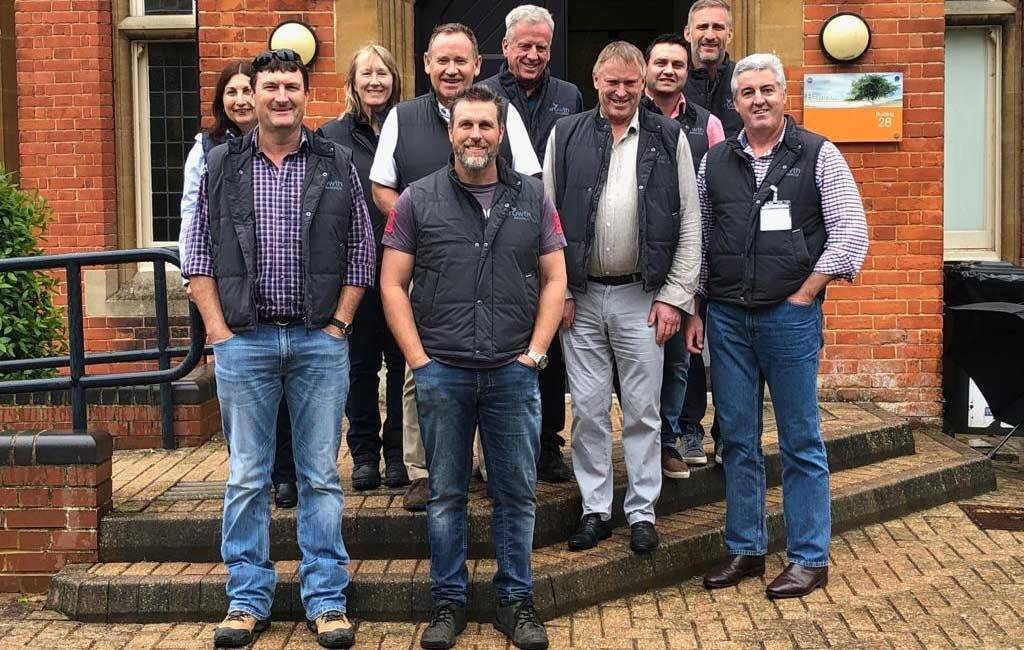 Moree-based agronomist Tony Lockrey, left, is pictured with the study tour group outside Syngenta's Jealott's Hill facility, Berkshire, England.