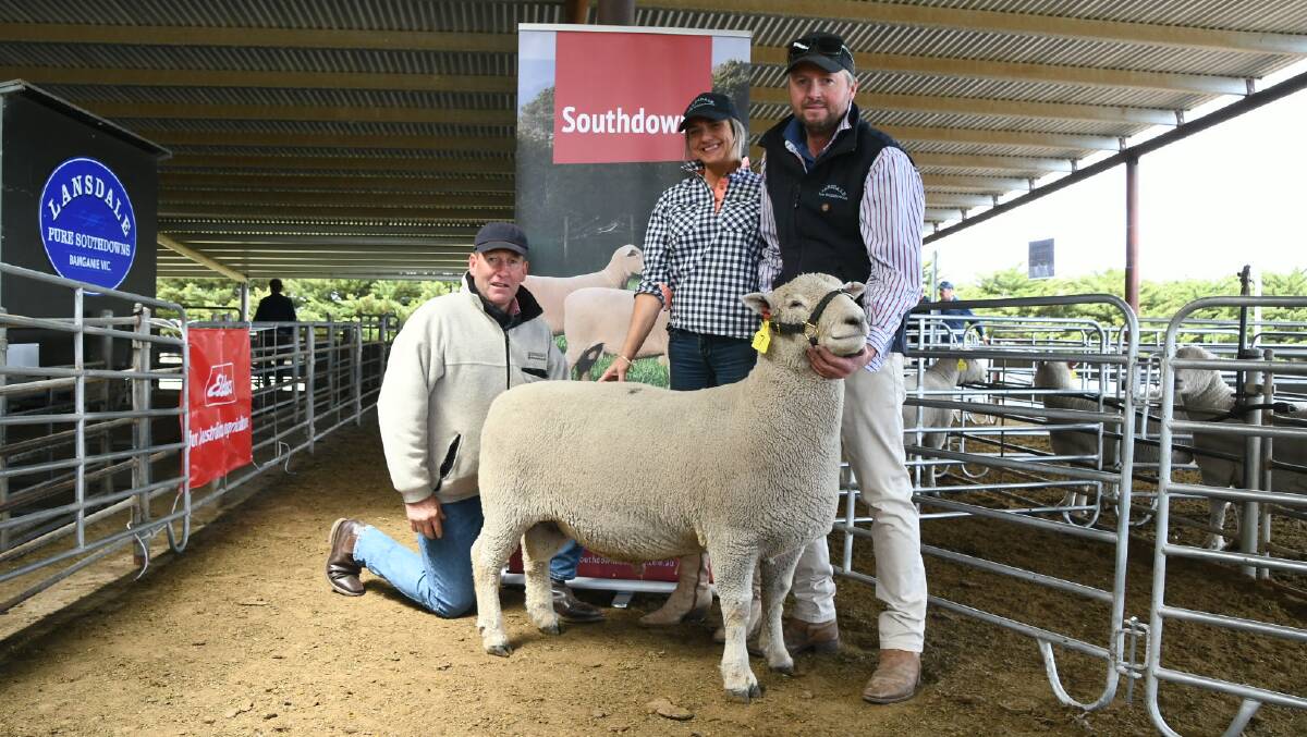 Top-priced ram buyer Tim Fincham, Burando Southdowns, Yea, with Lansdale's Janie and James Knight and the top-priced ram. Picture by Jess Sharp