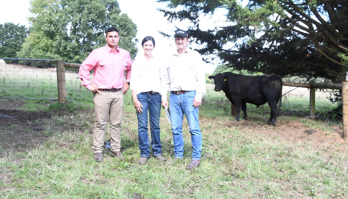 Elders agent Ryan Bajada with Anna Lord, Neerim South, Bowman Performance Genetics stud principal Glenn Bowman and the top-priced bull, Lot 6.