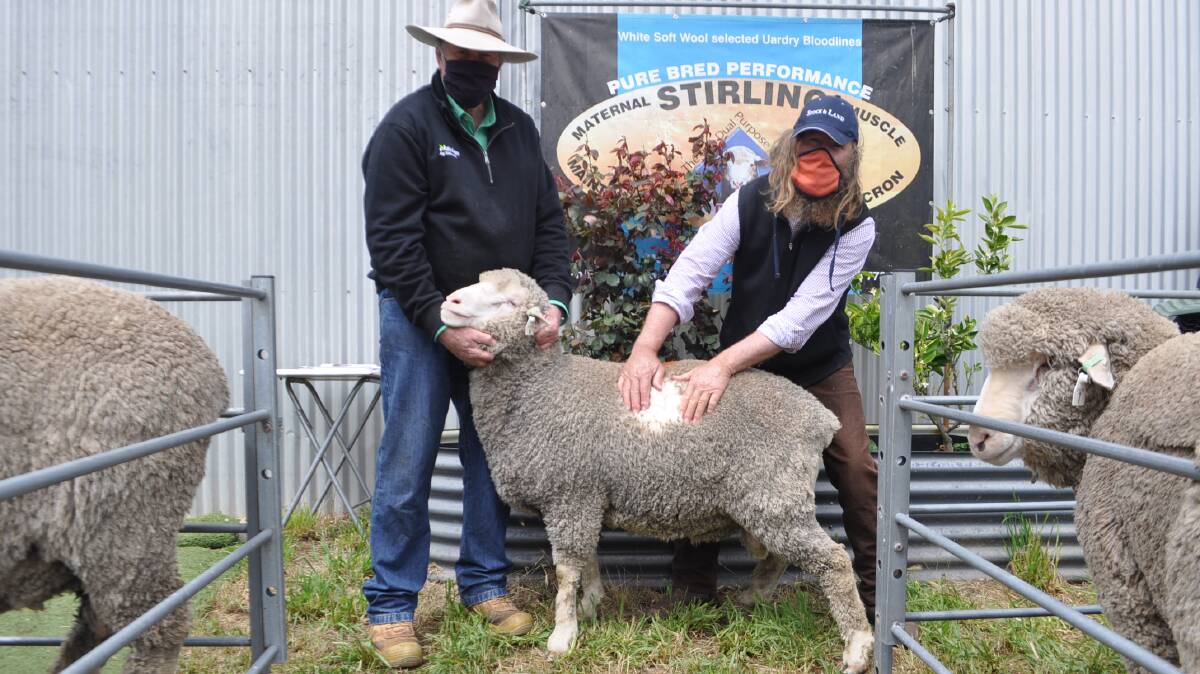 TOP-SELLER: Stephen Chalmers, Nutrien, Kerang, holding the top-priced ram at Stirling Dohnes, with stud principal Murray Rogerson, Glenthompson.