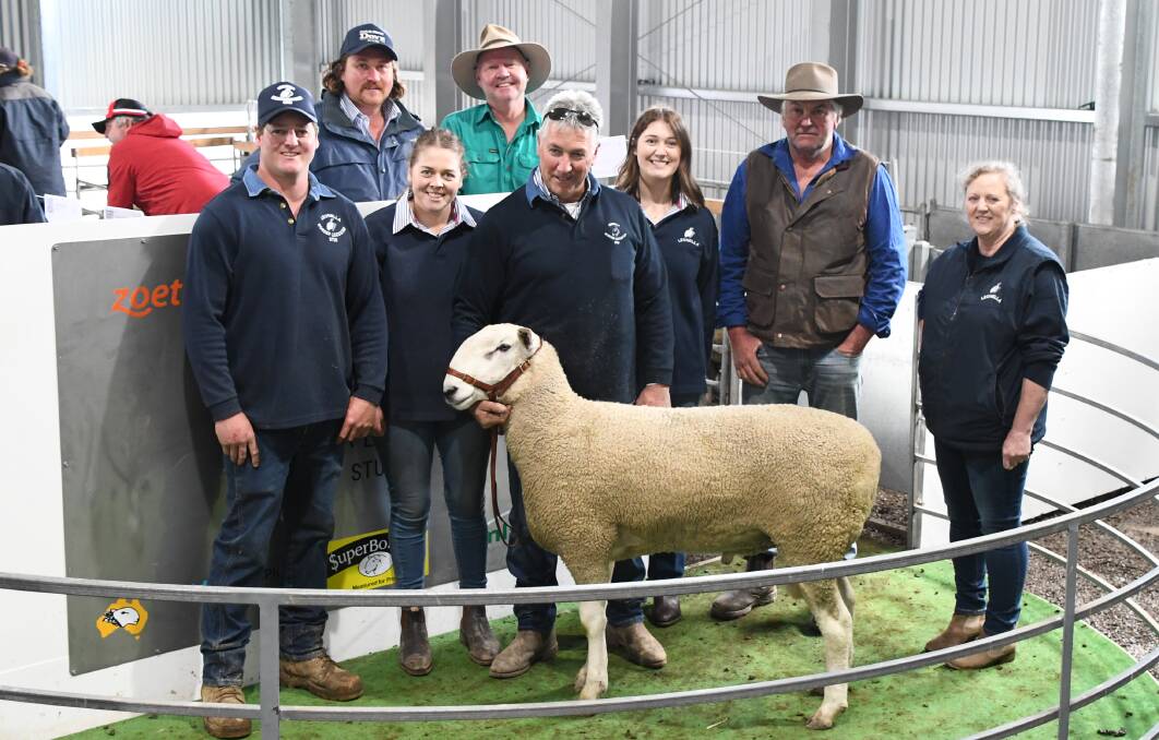 TOP PRICE: The Lubcke family of Jack, Megan, Noel and Emma, Leonella, with top-priced buyer Eddy Rovers, Gem Stud, Invergordon, Stella Lubcke, Shelby Howard, Charles Stewart Dove (back), and Pete Simpson, Gem Stud (back). 