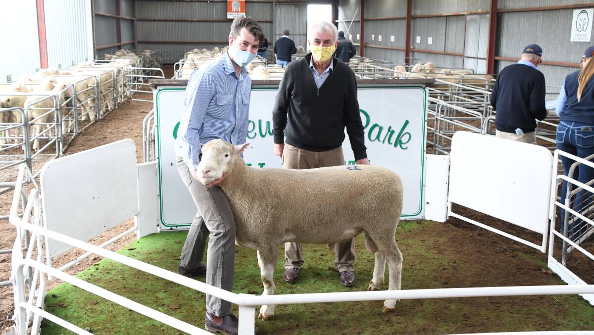 HIGH-SELLER: Englewood Park's Steven and Geoff Oliver and the top-priced ram, Lot 1A, that sold to a NSW buyer.
