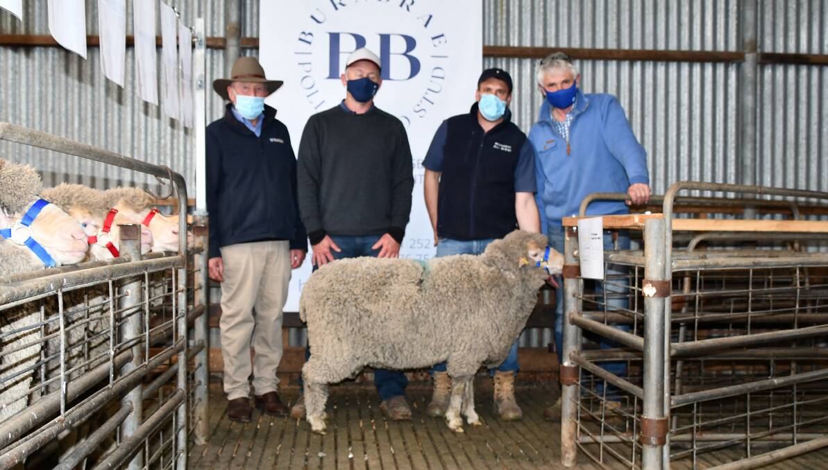 HIGH-SELLER: Charles Stewart Colac agent Peter McConachy, purchaser Tim Paulet, Millring Pastoral, Toongabbie, with vendors Steve and Alan Wishart and the top-priced ram.