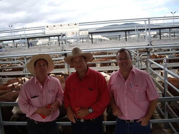 Jack Maloney, Elders Broken Hill, Dean Hotchin Mulyungarie Station manager and Damien Webb Elders key account manager stand with one of the Mulyungarie Hereford pens. 