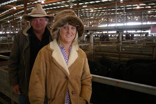 Debbie Kroger, Bibury, Main Ridge, pictured with property manager Wayne Price (left) sold 37 Angus steers, 9-10 months, by The Downs Angus bulls, to $720, averaging $710 or 251 cents a kilogram.