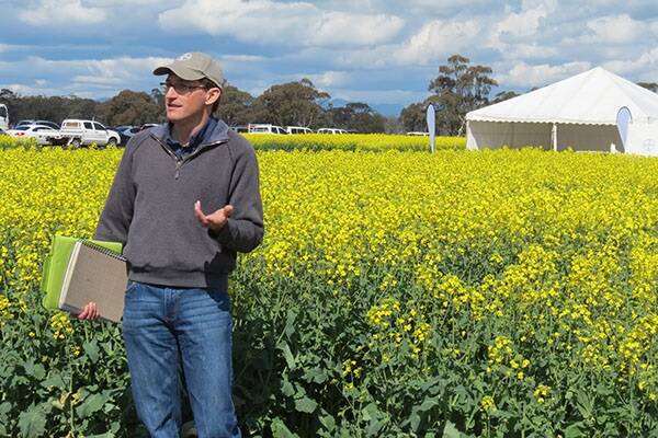 Bayer canola breeder David Pike speaks at a recent field day highlighting Bayer’s new GM canola line in the Wimmera. 