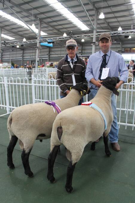 Graham and Alastair Day, Allendale, Bordertown, SA, with their reserve and grand champion Suffolk ram. The top ram went on to win supreme Suffolk exhibit.