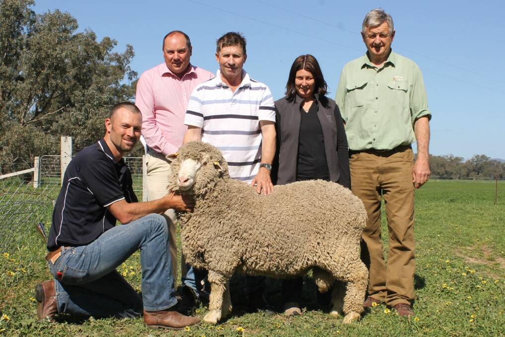 Toland Merinos stud manager Simon Riddle holds the top priced ram with Elders auctioneer Ron Rutledge (left), top priced buyers Phil and Jackie Mueke, Penola, SA, and Landmark auctioneer Andrew Sloan. 