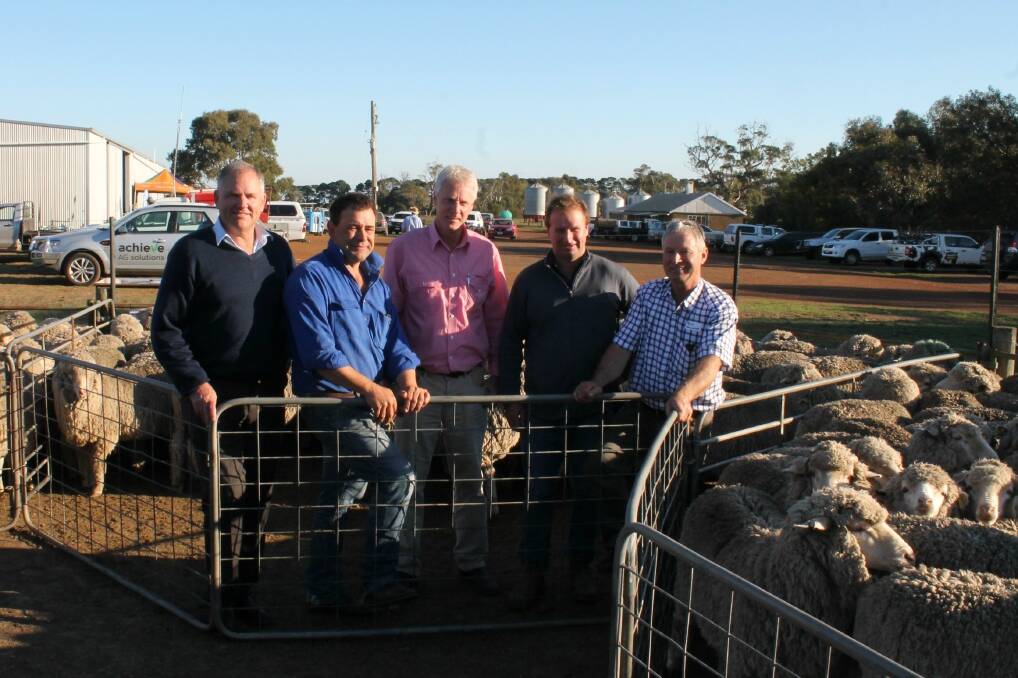 AWI productivity manager in animal welfare Geoff Linden, Wando Estate manager Tom Sweeney, Elders, Hamilton manager David Whyte, Wando Estate trustee Harry Youngman, and Mountain Dam principal Tom Silcock were all hand to launch the Ewe Lifetime Productivity Trial.