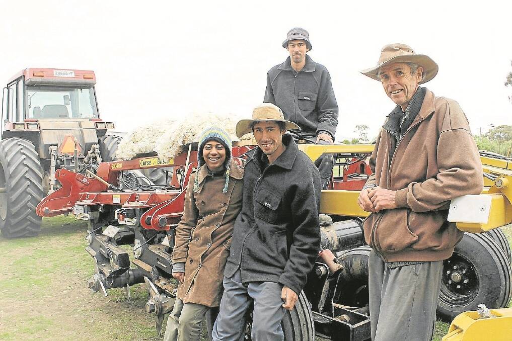Greg Mortlock, Dunluce, with his nephews Leigh and Wayne, jillaroo Rachel Wood, and their new soil aerator, the Curse Buster. The machine was imported from the US, and the Mortlocks will be using it to aerate their paddocks, and in turn grow more feed and increase their wool clip.