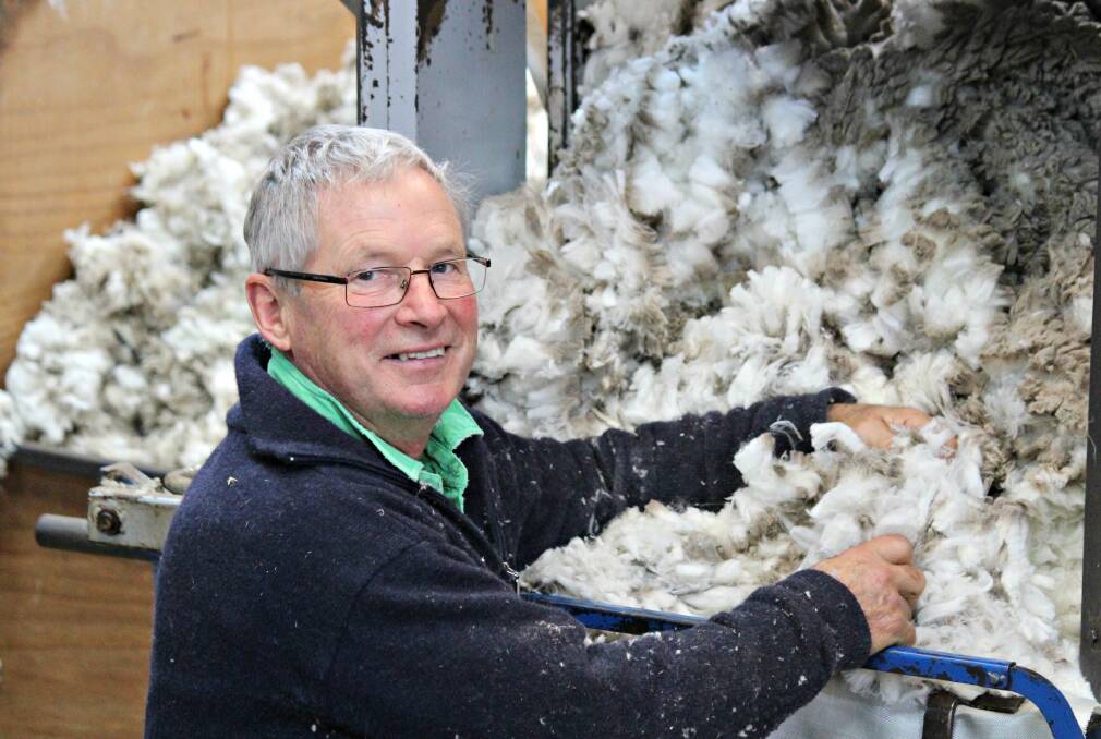 The Mountain Dam Merino Stud principal Tom Silcock inspects wool they hope to sell to AWN’s Hysport mill.