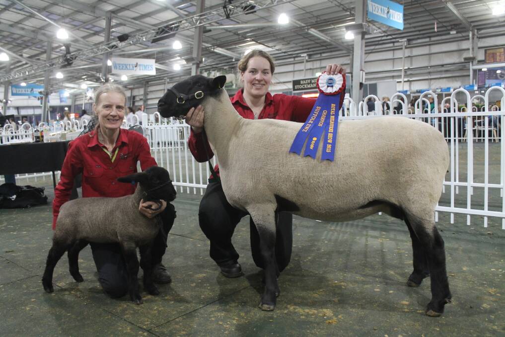 Rebecca Deppeler, Deppeler Suffolks, Derrinallum, holds the supreme champion Suffolk (a ewe) and her mother Lorelle Deppeler holds her four-week-old ewe lamb.