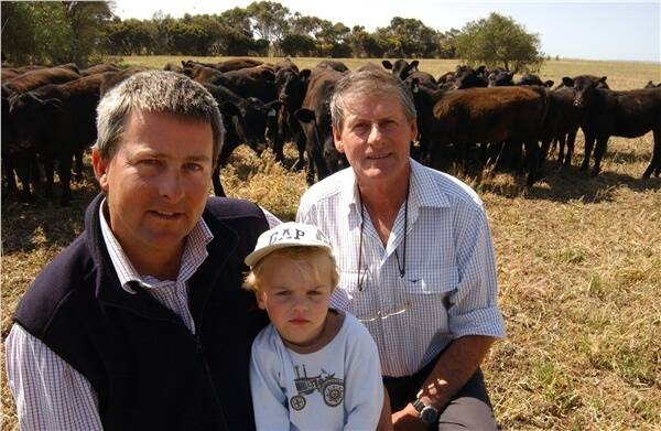 Richard McFarlane with son Tom and father Keith, Wellington Lodge, Tailem Bend, South Australia, has brought weaning forward to just two and a half months.