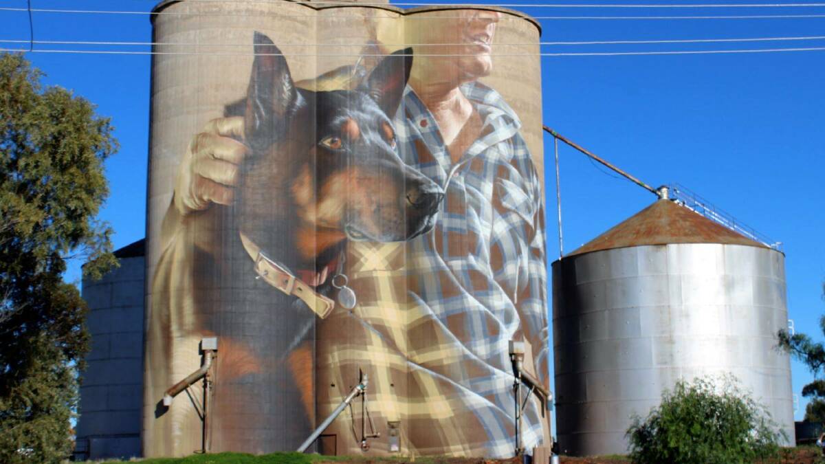 ARTWORK: The newest silo artwork at Nullawil depicts a Kelpie dog and a farmer, and is the seventh to join the Silo Art Trail after its completion last week.