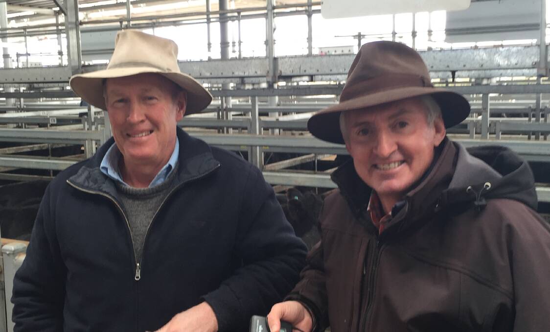 Lex Masters, Corryong, was with his agent Peter Ruaro, at Wodonga last Thursday. Lex offered 89 Angus steers, which sold to $1180.