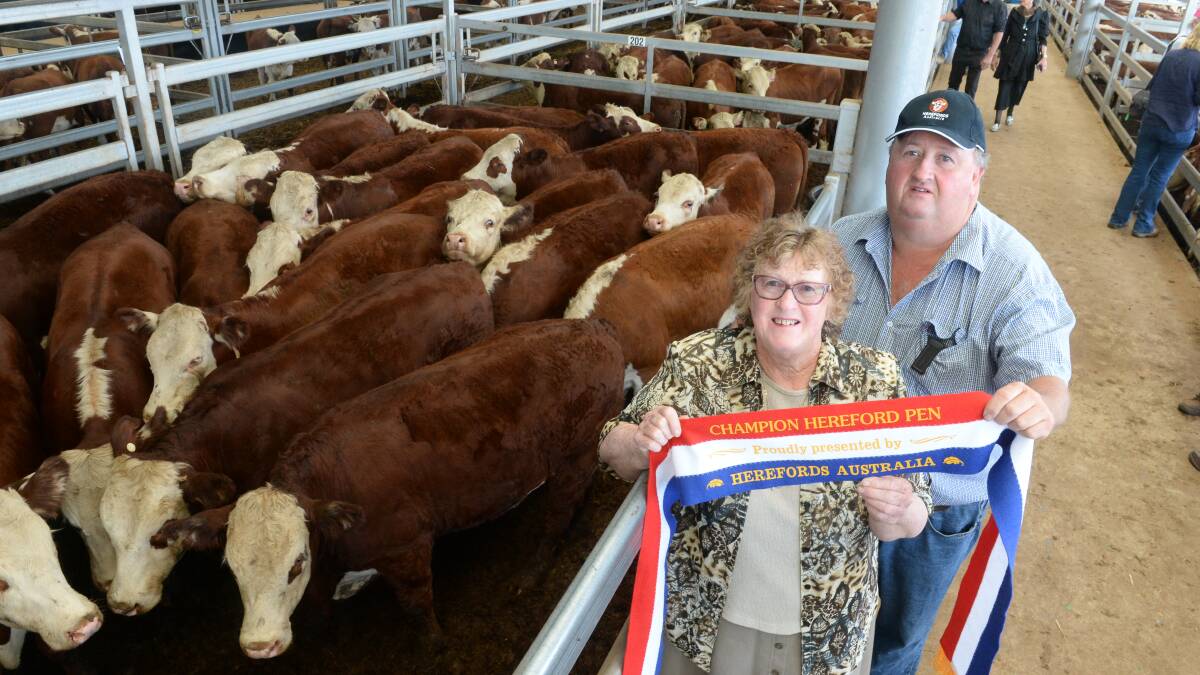 Jeanette McCormack and her son David, "Muskerry", Bullioh, with their best presented pen of 22 head, 10 month old Mawarra blood Hereford steers which sold for $1150.
