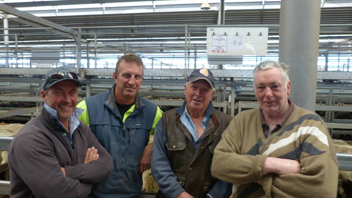 Andrew Kilby, Ashley Wills, John Atkins and Leo Kirk at Wodonga, Thursday. Andrew and Ashley bought steers for the first time, for $1035.