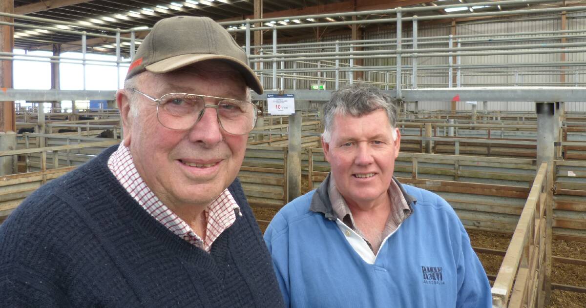 Allan Condron (left), Stratford, sold 32 South Devon steers at Pakenham, from $1450-$1500 in a market described as slightly cheaper. Warren Cumming was along for moral support. Allan was very pleased with the sale of his yearling steers.