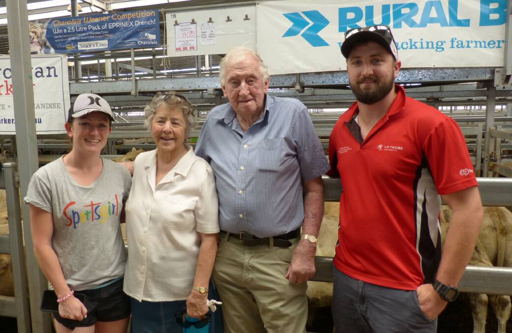 Milton and Betty Turner, with grandson Callum and his wife Alicia. The Turners were awarded the Charolais Society's, Best Presented Charolais, and Rural Bank, Best Presented pen of steers at Barnawartha.